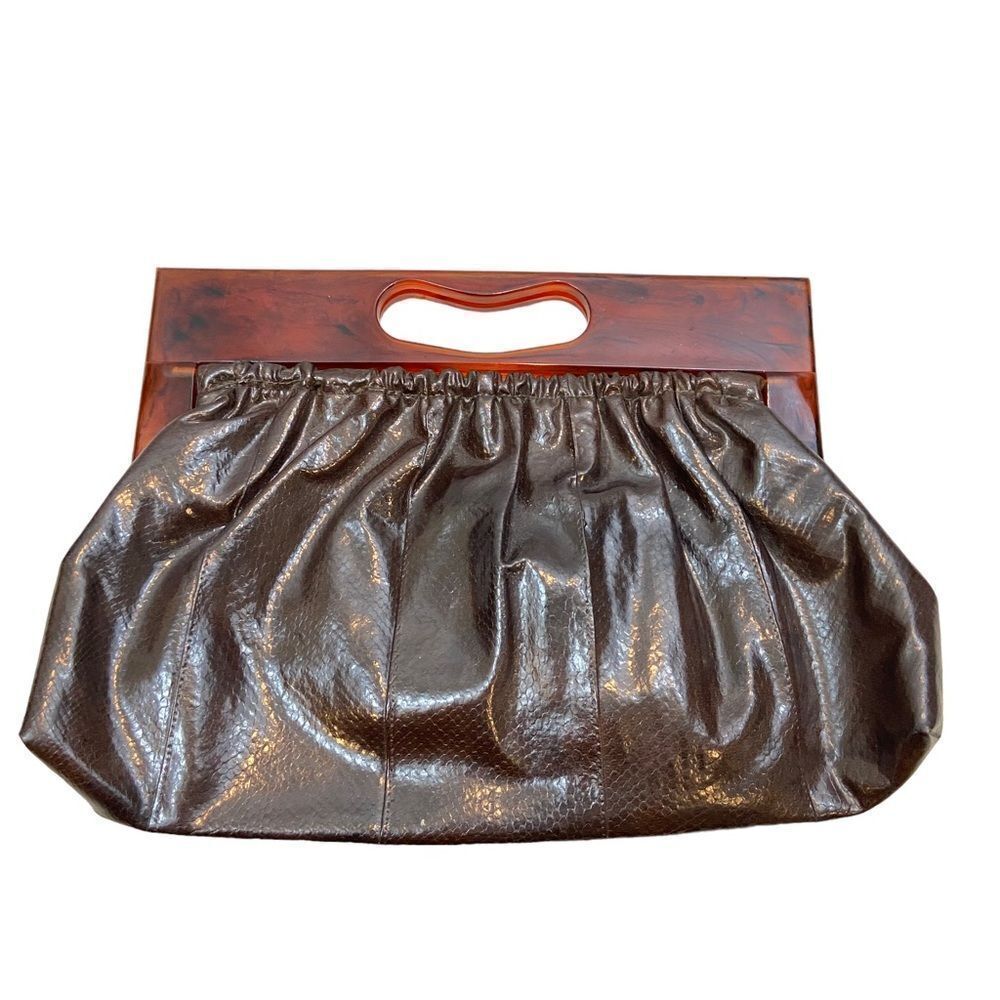 Vintage Brown Vinyl Faux Leather Clutch with Tortoiseshell‎ Plastic Handle 60s